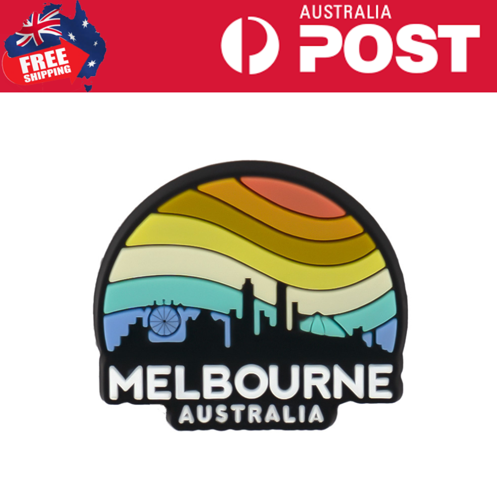 Colorful Melbourne skyline with rainbow sunset design, Australia souvenir or travel badge.
