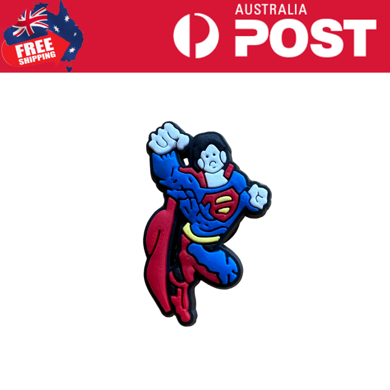 Colorful Superman and female superhero silicone badge with cape design.