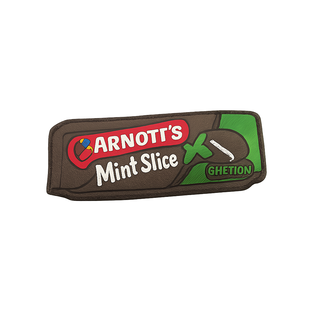 Colorful rubber eraser with Arnott's Mint Slice design, featuring mint leaves and brand logo.