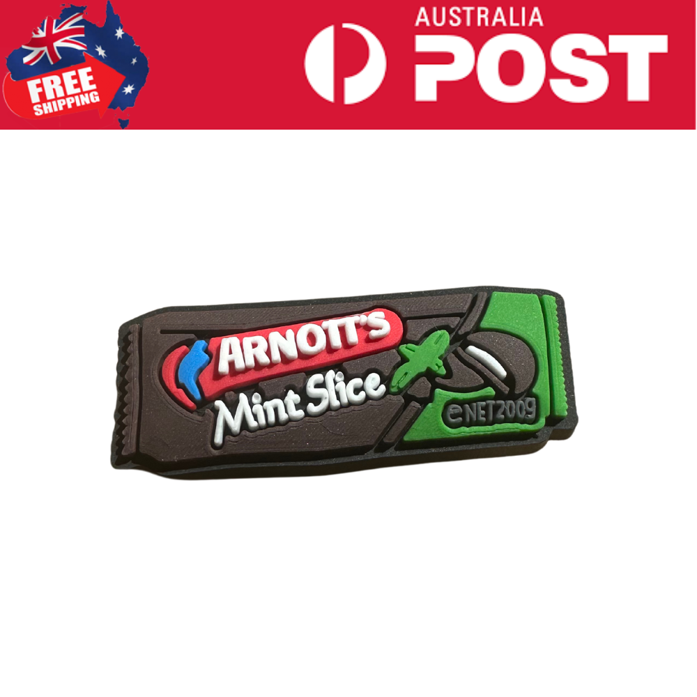 Colorful rubber eraser with Arnott's Mint Slice design, featuring mint leaves and brand logo.