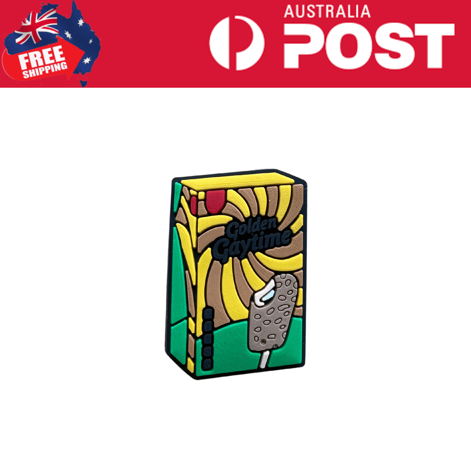 Colorful Golden Gaytime-themed rubber eraser featuring vibrant cartoon design, perfect stationery accessory.
