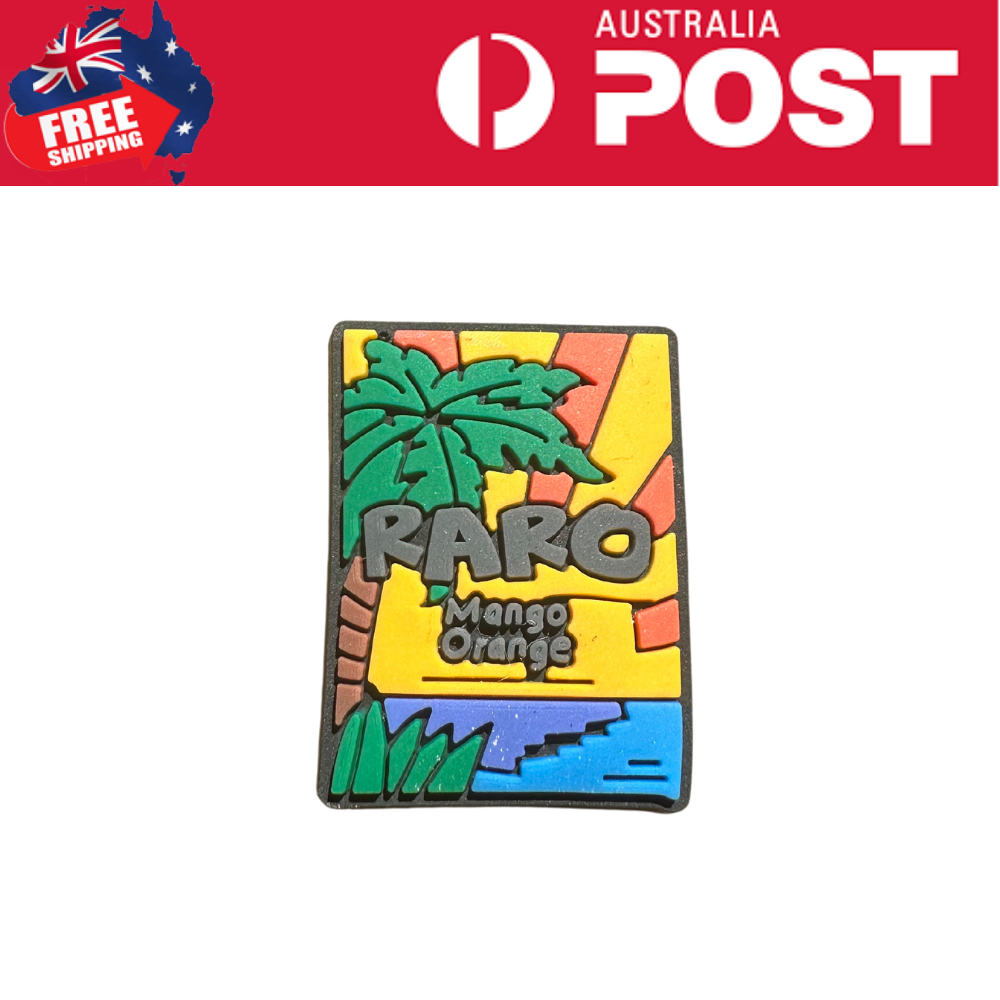 Colorful silicone magnet with tropical island design and "Karo" branding for fridge décor.