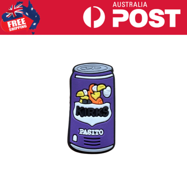 Colorful Kirks Pasito can with cartoon penguin design, soda beverage icon, and vibrant purple color.