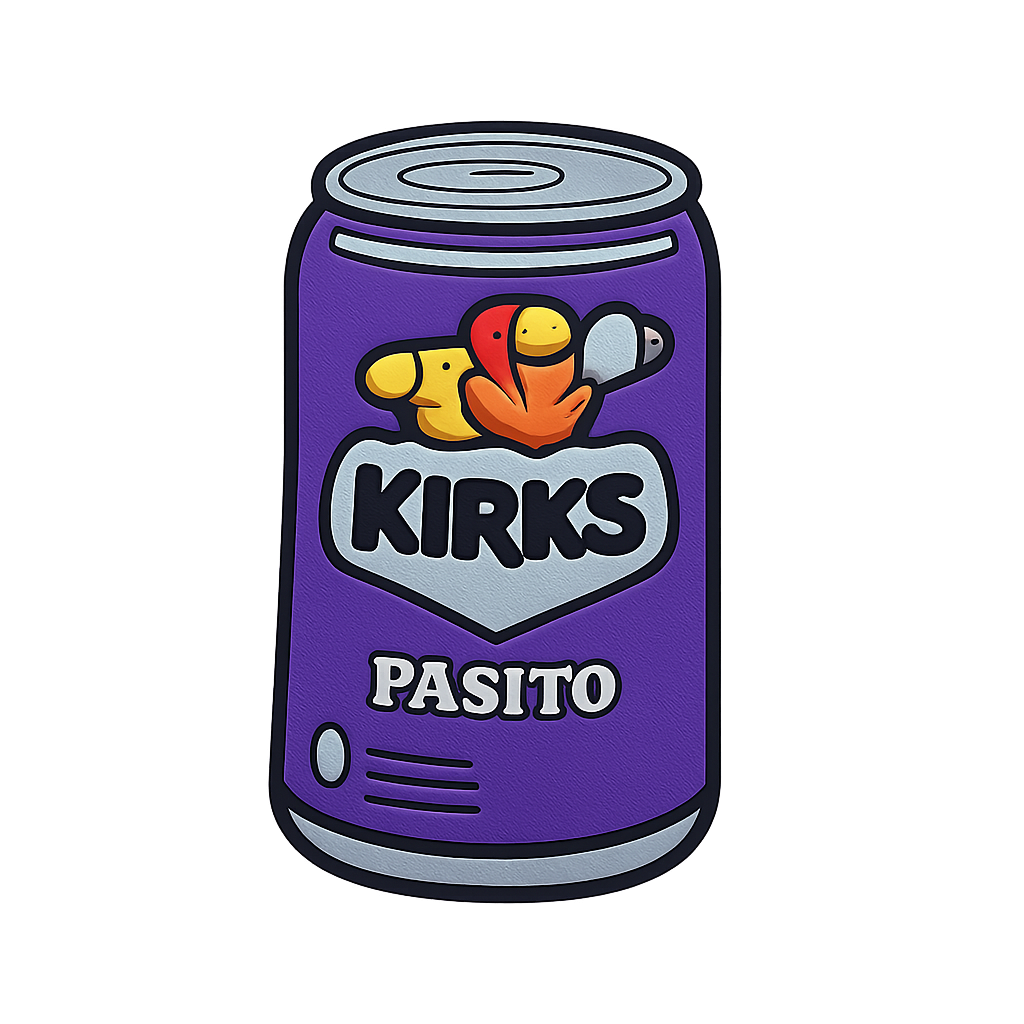 Colorful Kirks Pasito can with cartoon penguin design, soda beverage icon, and vibrant purple color.