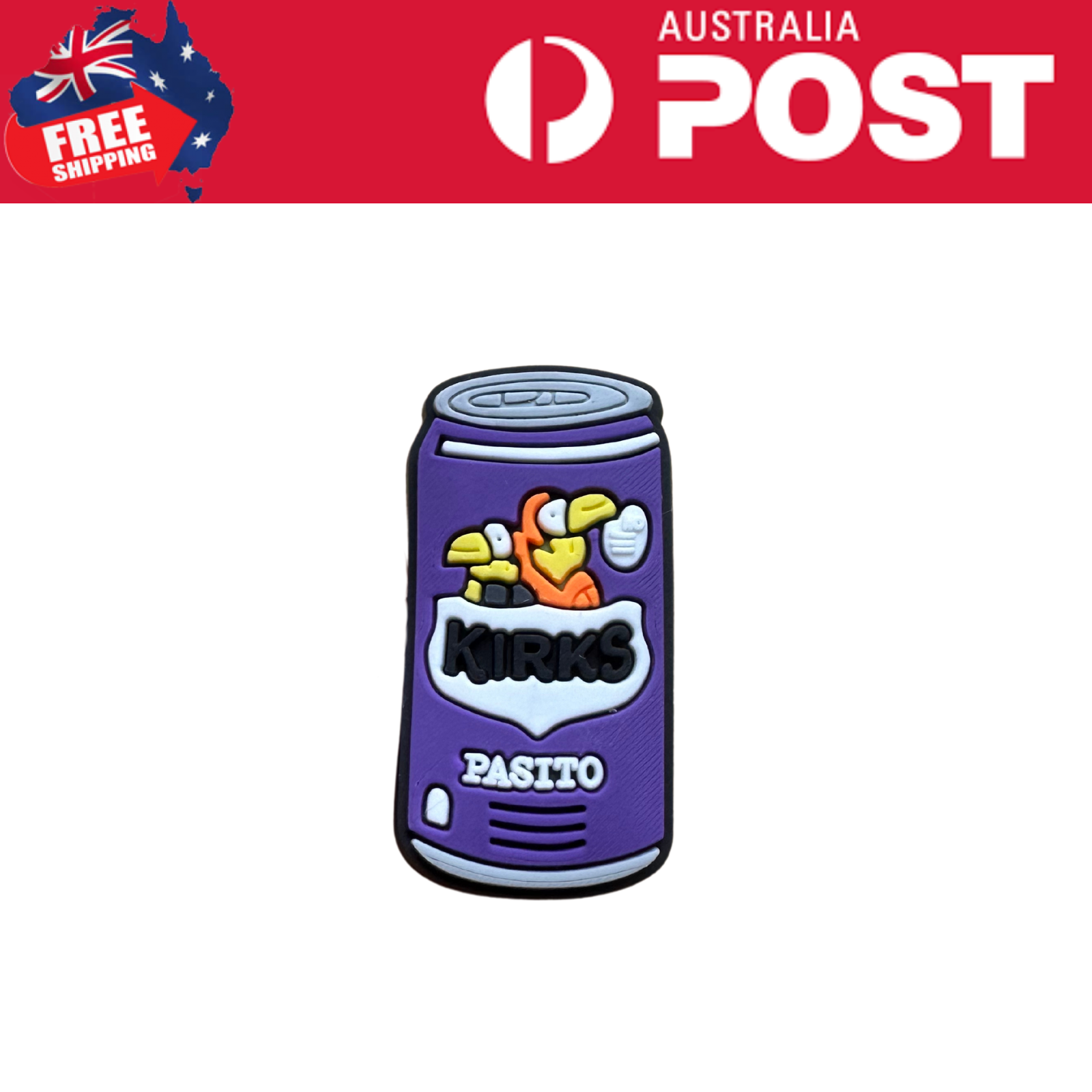 Colorful Kirks Pasito can with cartoon penguin design, soda beverage icon, and vibrant purple color.