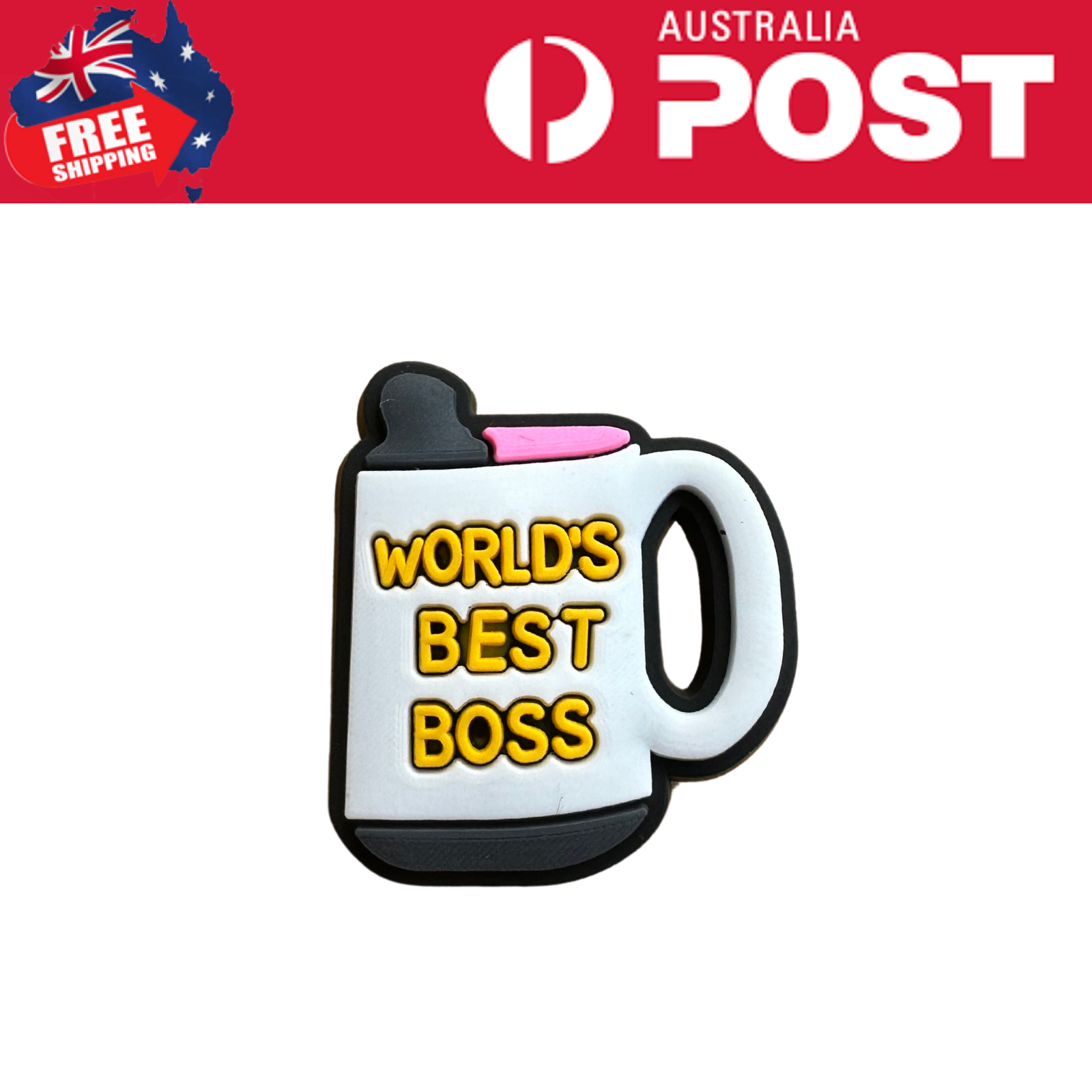 Happy boss mug keychain, humorous office desk accessory, world's best boss novelty item, MrCharms.com.au.