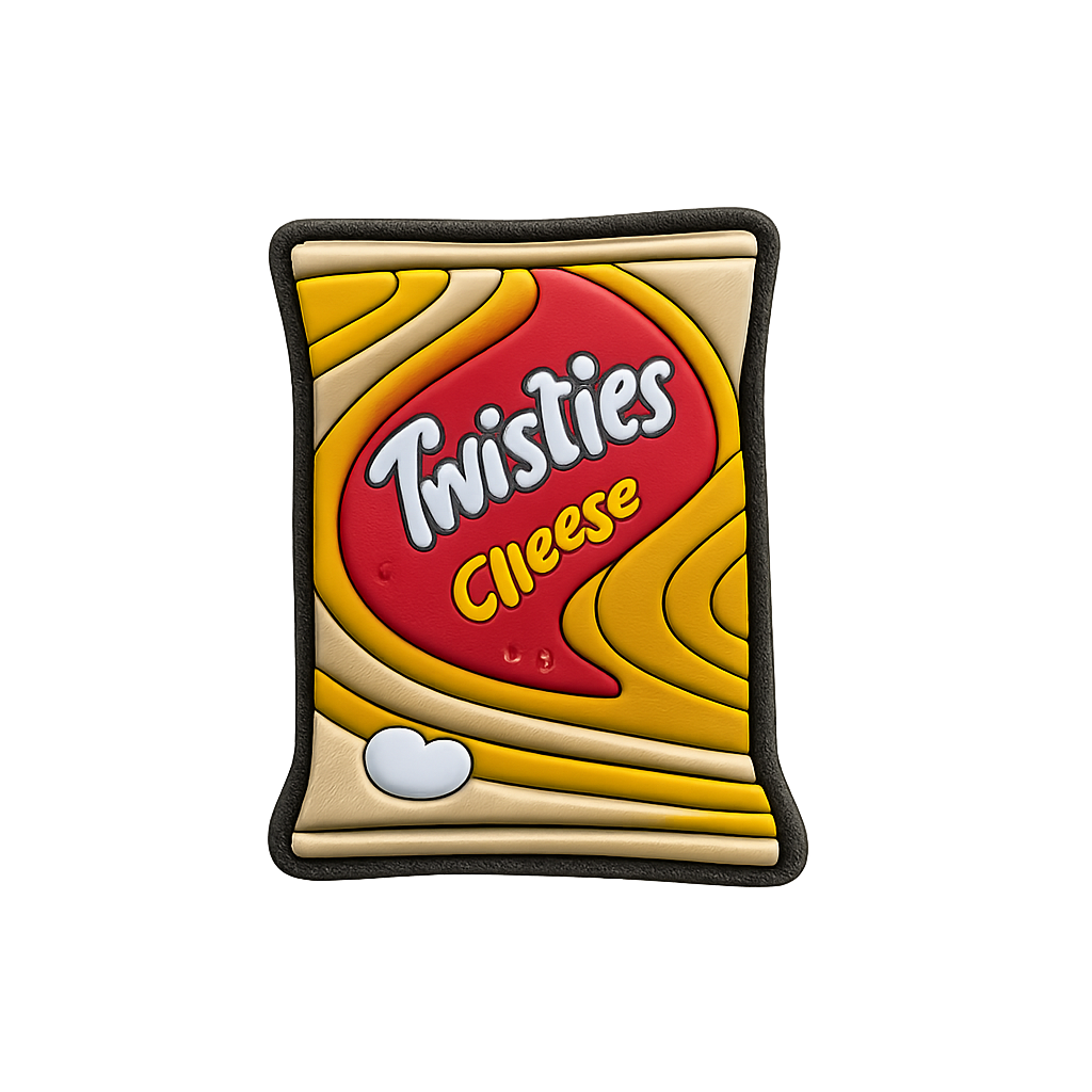 Cheese snack pin, Twists Cheese logo, colorful snack-themed enamel pin, perfect for accessories.