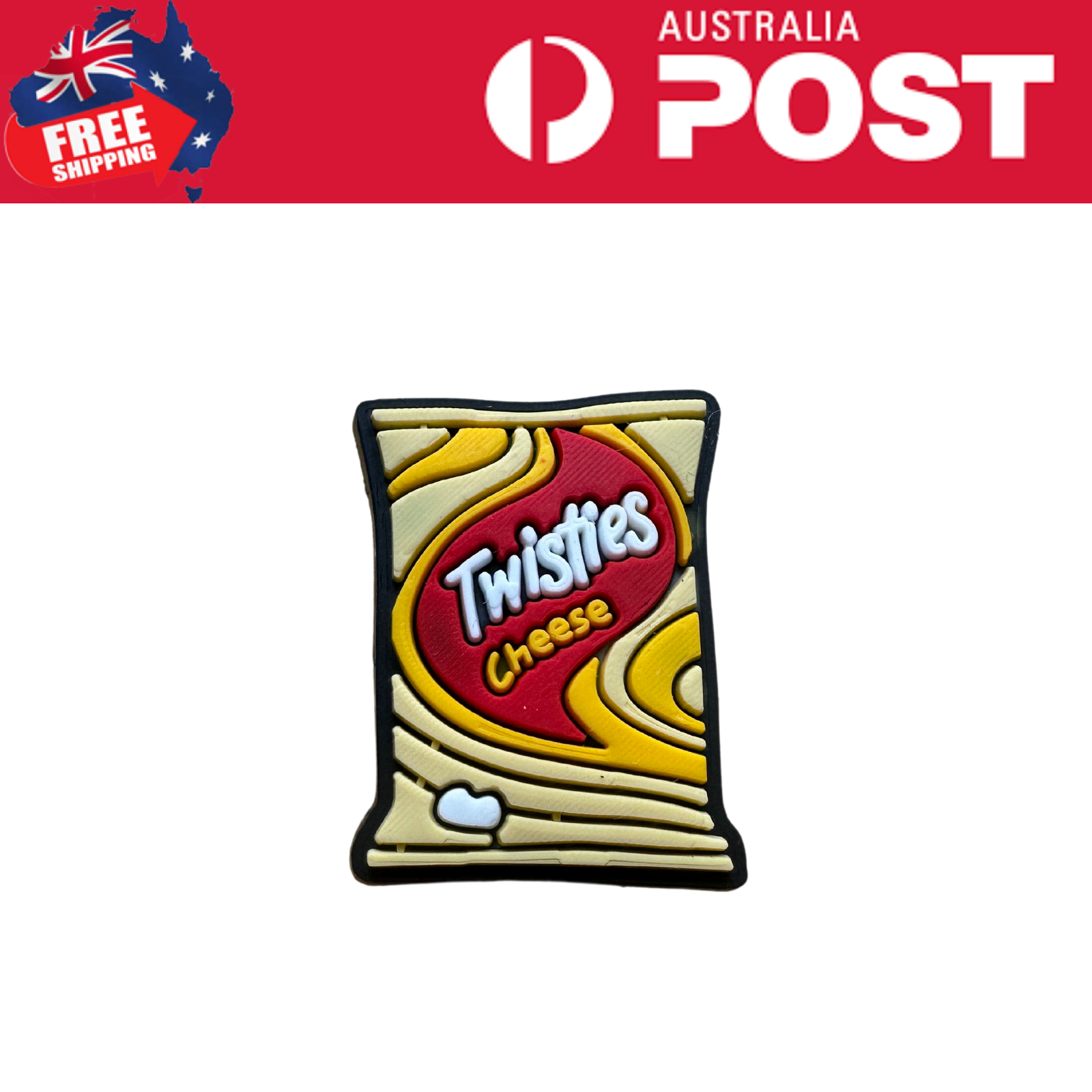Cheese snack pin, Twists Cheese logo, colorful snack-themed enamel pin, perfect for accessories.