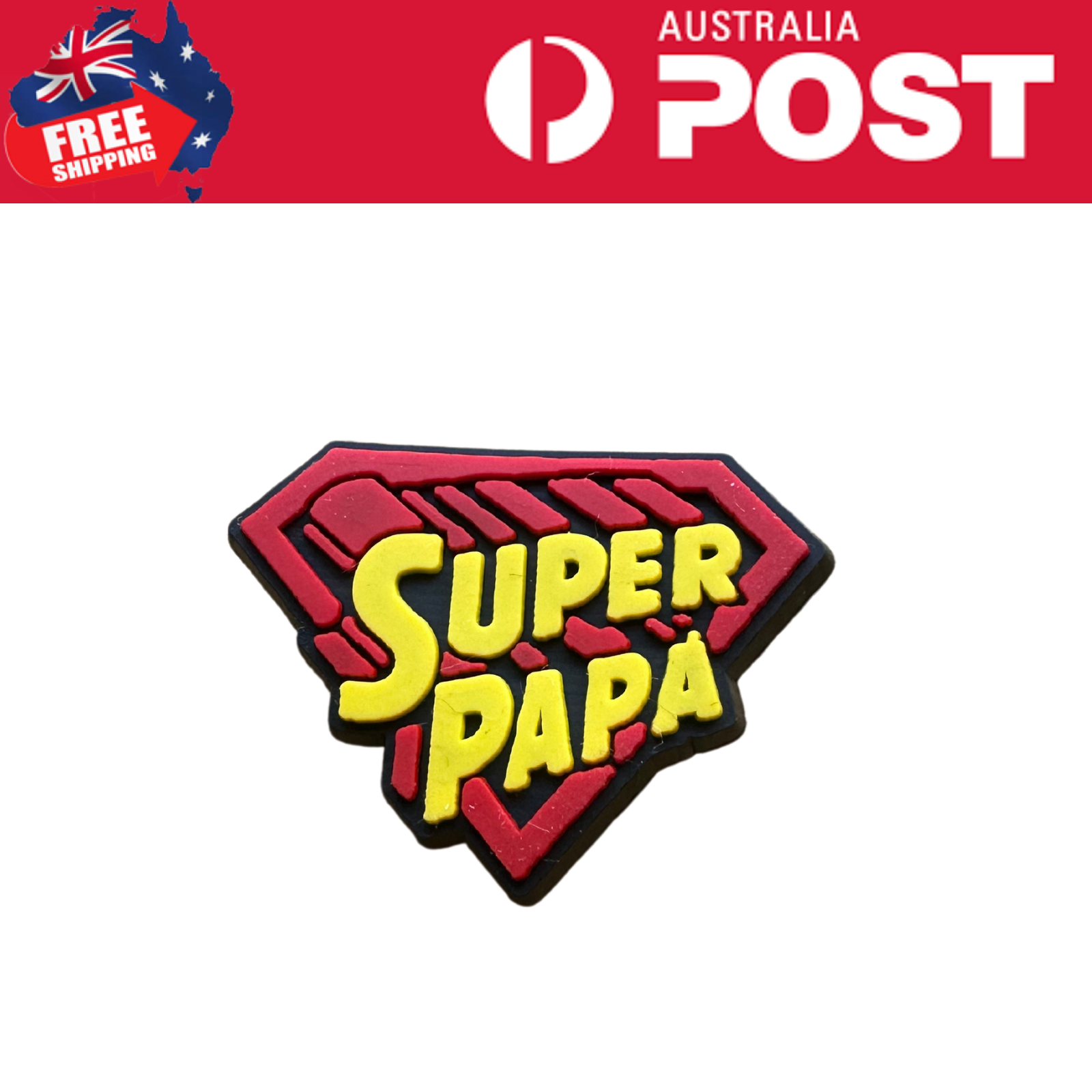 Super Dad Superman logo silicone badge, ideal for dad gifts, handmade, vibrant yellow and red colors.