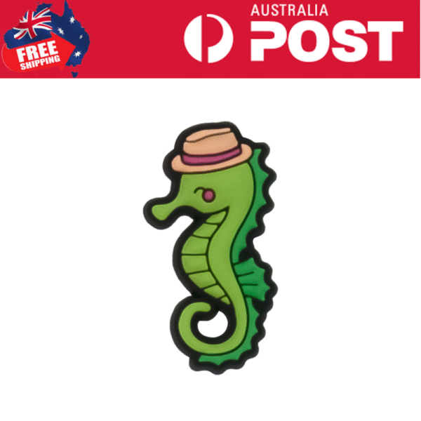 Seahorse-shaped enamel pin wearing a pink hat and smiling, cartoon style, vibrant colors, fashion accessories for ocean lovers and collectibles.