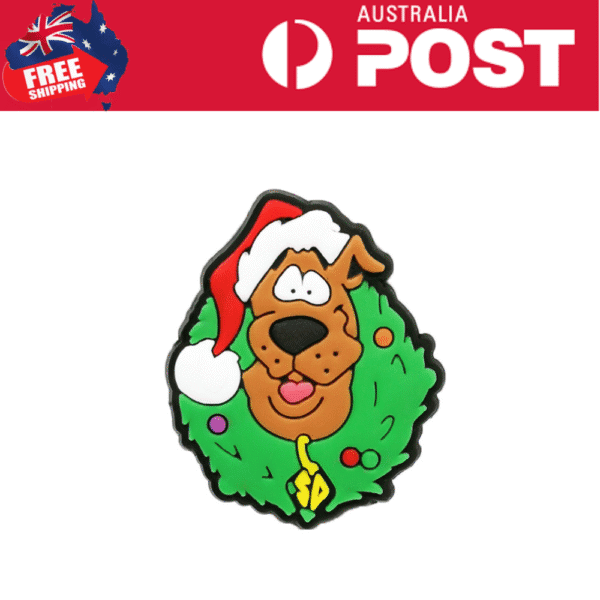 Christmas dog wearing a Santa hat and a decorated wreath, holiday festive enamel pin.