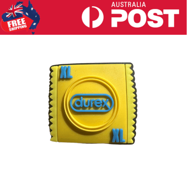 Durex condom packaging with XL size in bright yellow and blue branding, innovative design for safe intimacy.