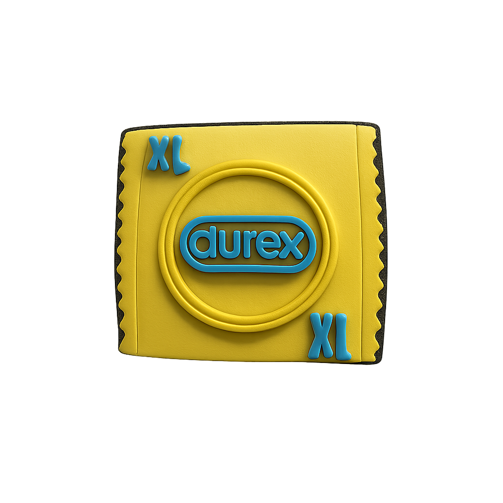 Durex XL condom package, yellow and blue design, safe sexual health product, premium quality latex condom.