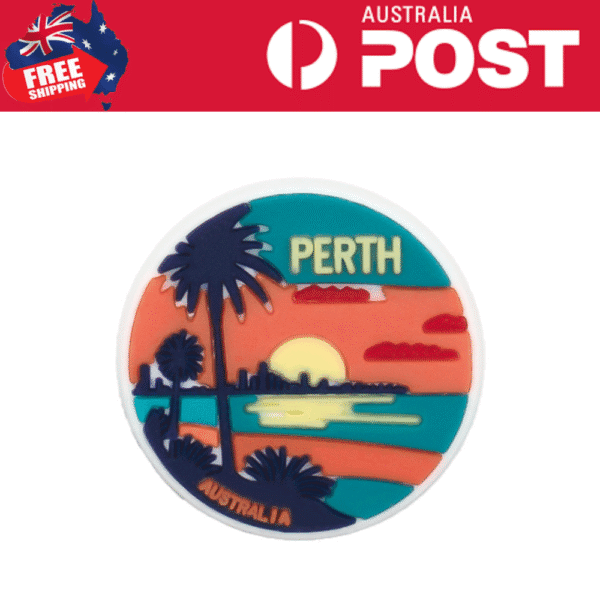 Colorful Perth Australia sunset magnet with palm trees and ocean scene.