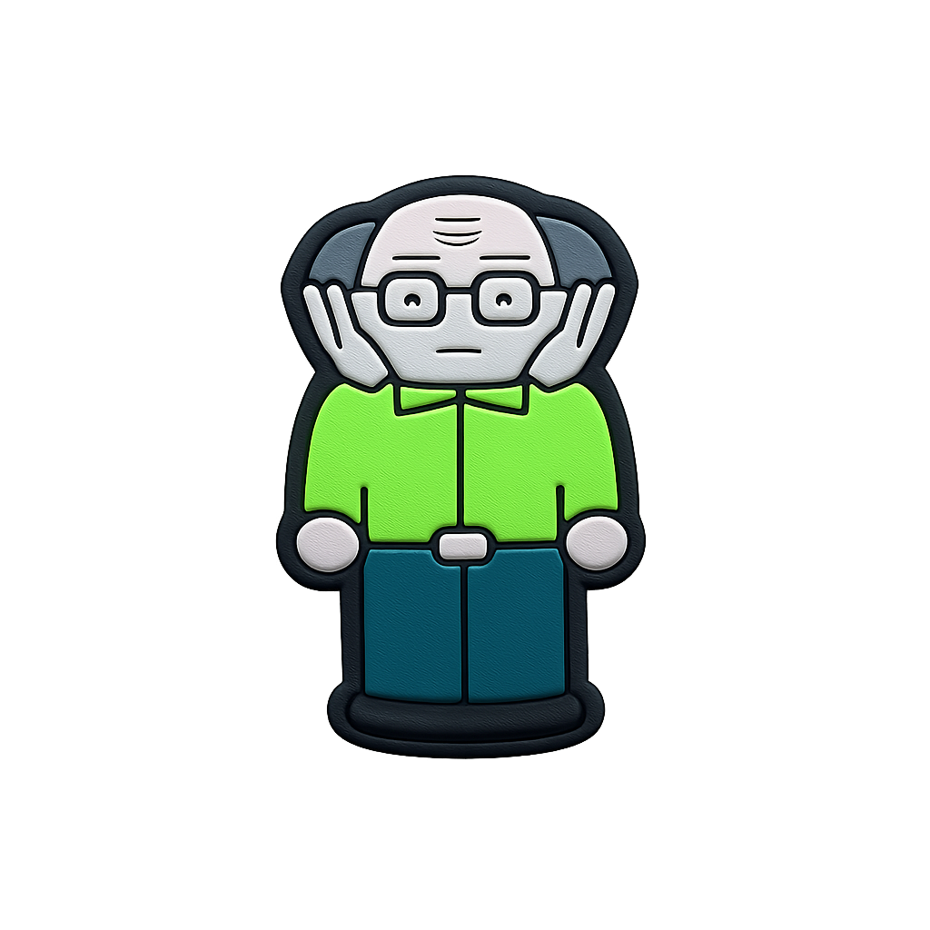 Miniature cartoon character rubber keychain, geek with glasses, green shirt, blue pants, fun accessory.