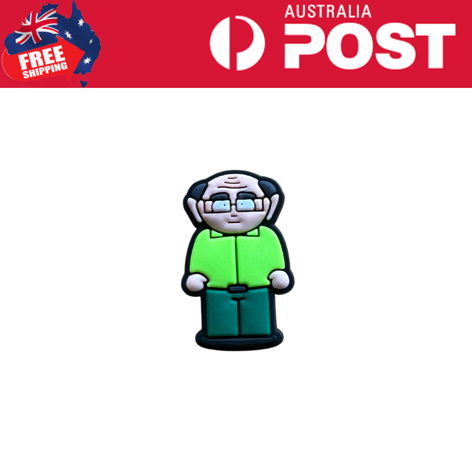 Miniature cartoon character rubber keychain, geek with glasses, green shirt, blue pants, fun accessory.
