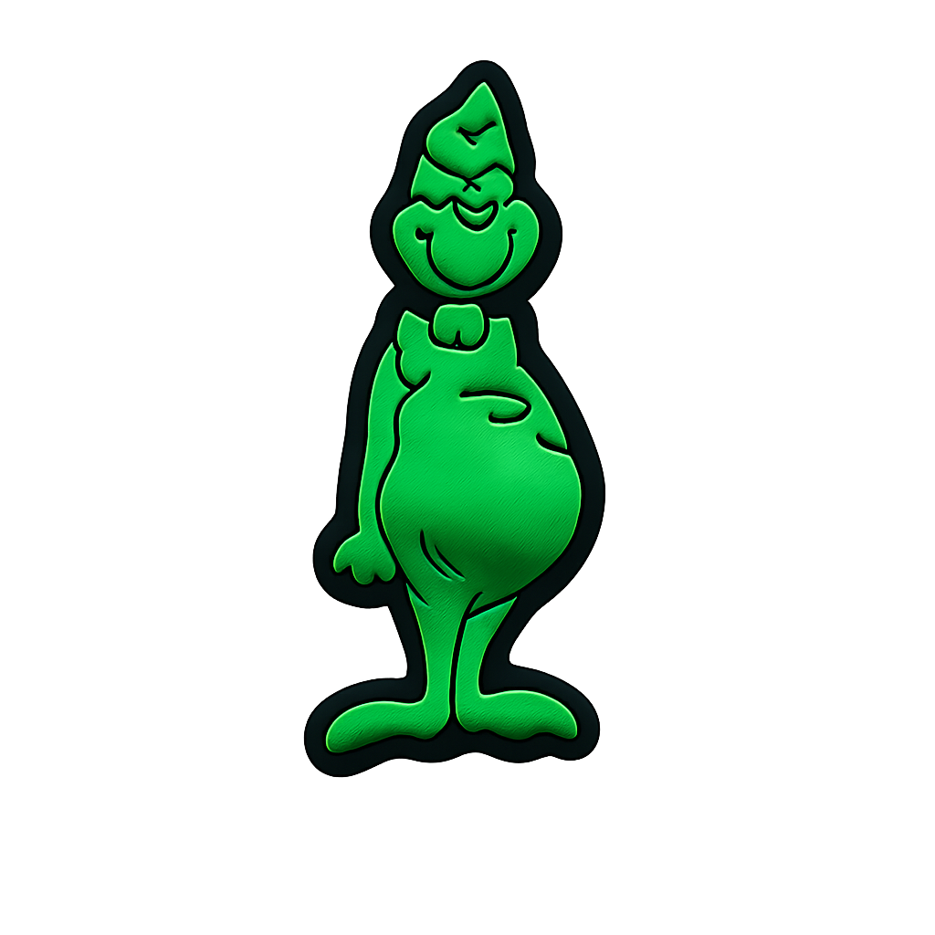 Glow-in-the-dark grinch-shaped enamel pin for Christmas and festive accessories.