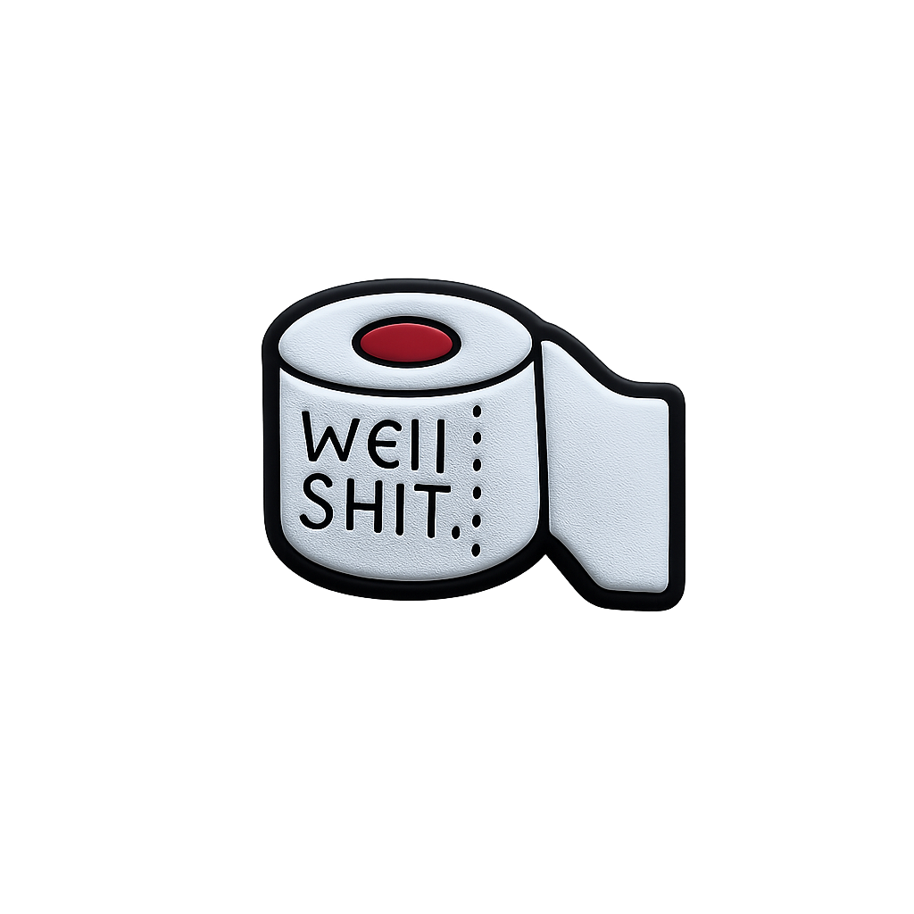 Toilet paper patch with "Well Shit" phrase, humorous embroidered iron-on patch for clothing.