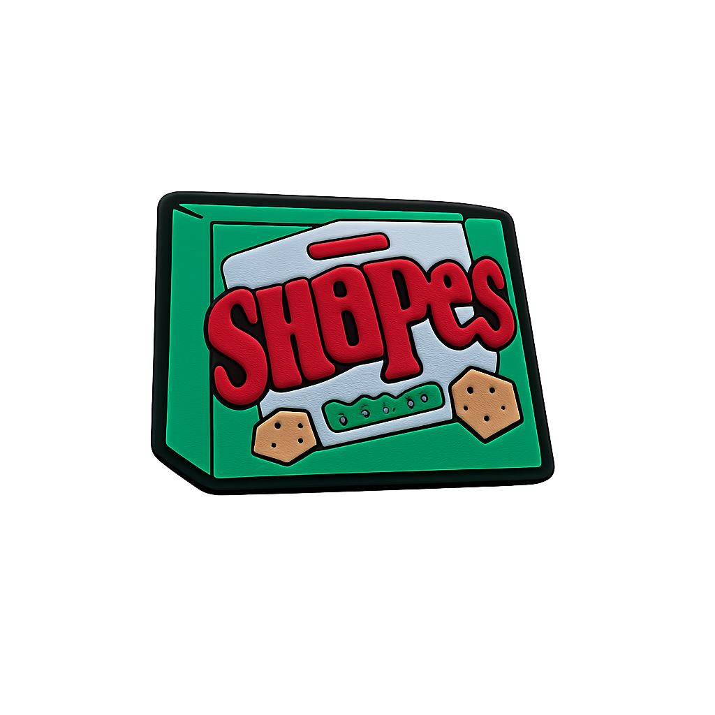 Colorful rubber magnet shaped like a handbag with the word "Shapes" and biscuit illustrations, ideal for kids' educational decor.