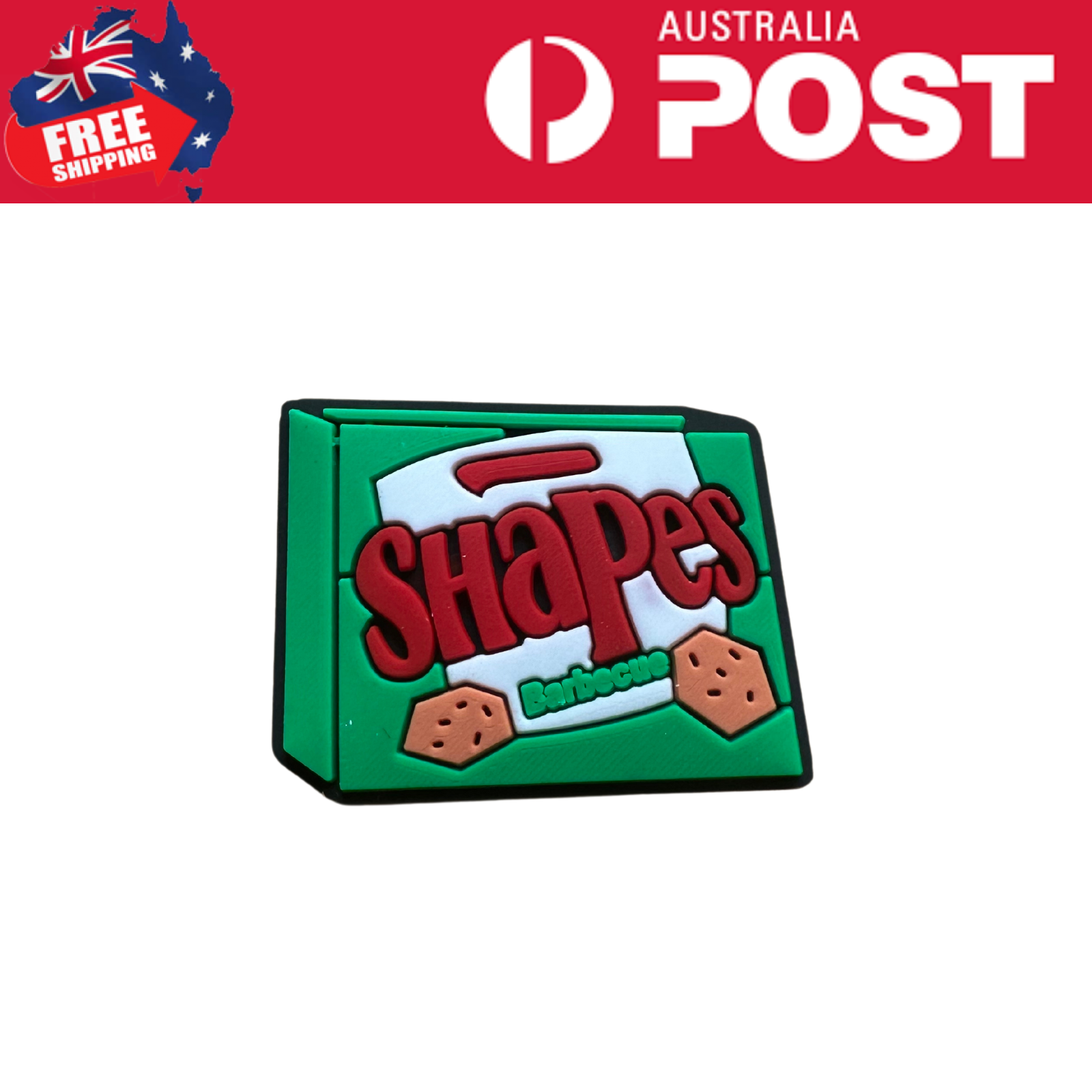 Colorful rubber magnet shaped like a handbag with the word "Shapes" and biscuit illustrations, ideal for kids' educational decor.