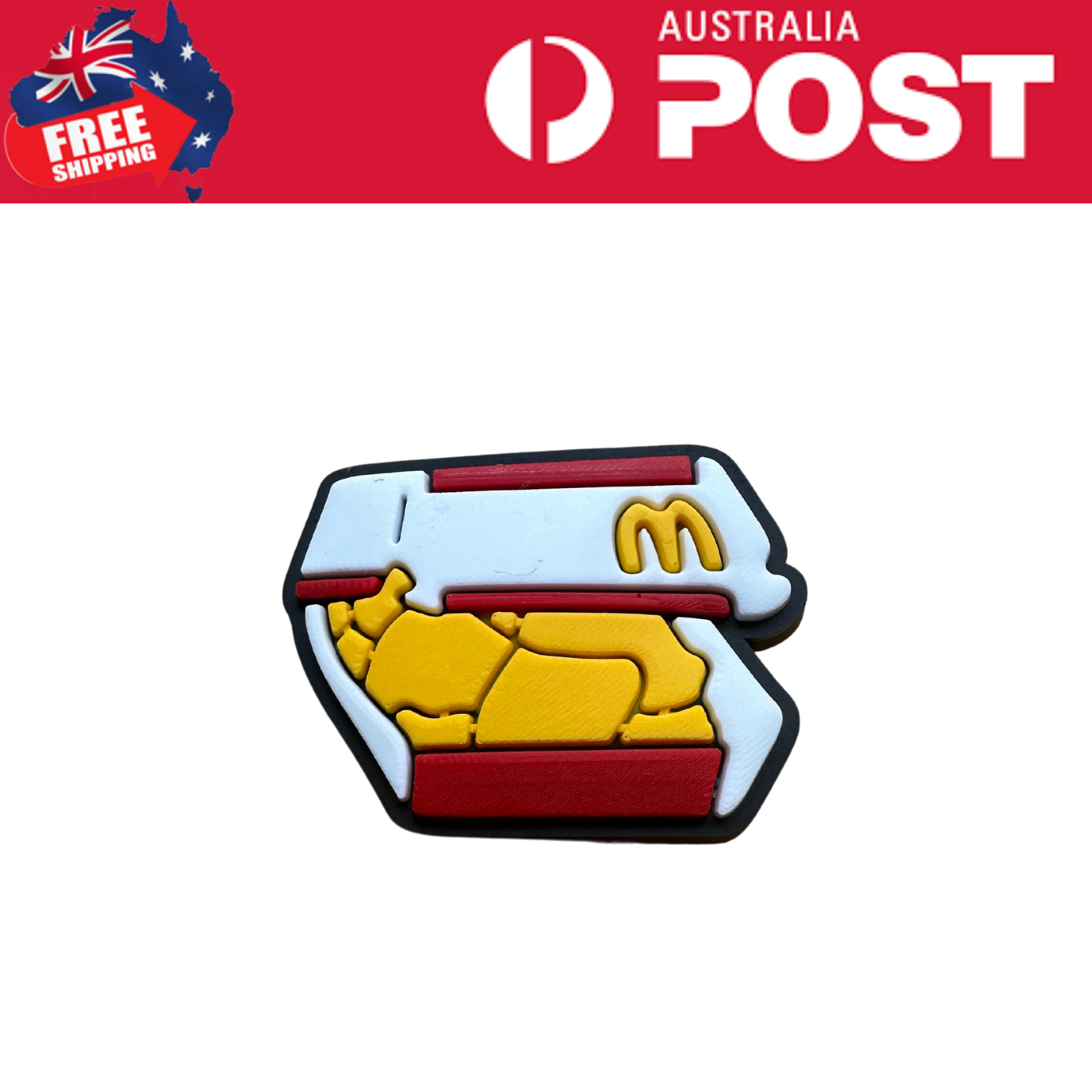 Retro McDonald's fries and burger logo magnetic patch, restaurant branding, fun promotional item.