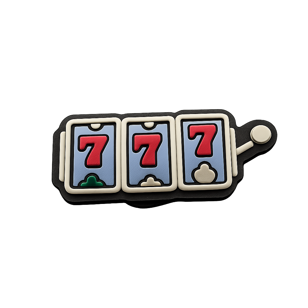 7-7-7 slot machine toy with red sevens on blue background, colorful mini gaming character for entertainment.