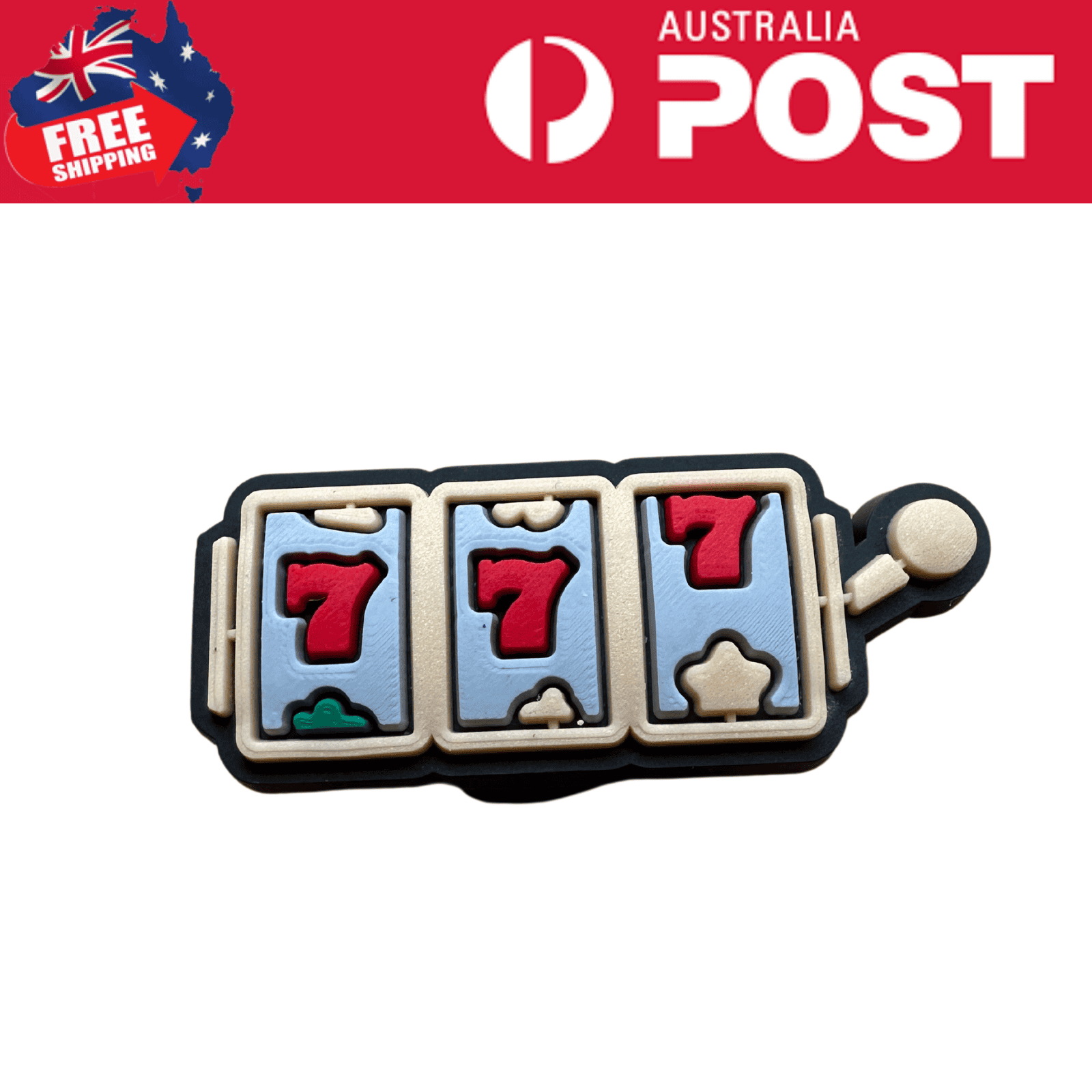 7-7-7 slot machine toy with red sevens on blue background, colorful mini gaming character for entertainment.