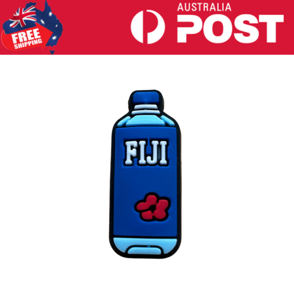 Fiji-themed keychain featuring a blue bottle design and red hibiscus flower.