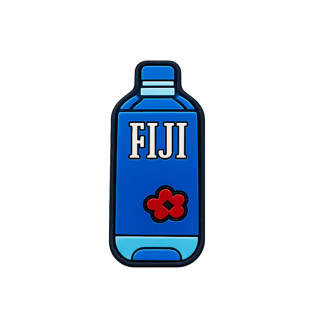 Fiji-themed keychain featuring a blue bottle design and red hibiscus flower.