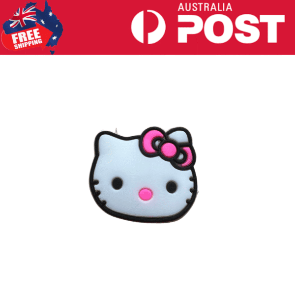 Small Hello Kitty enamel pin with pink bow, black outline, and cute face.