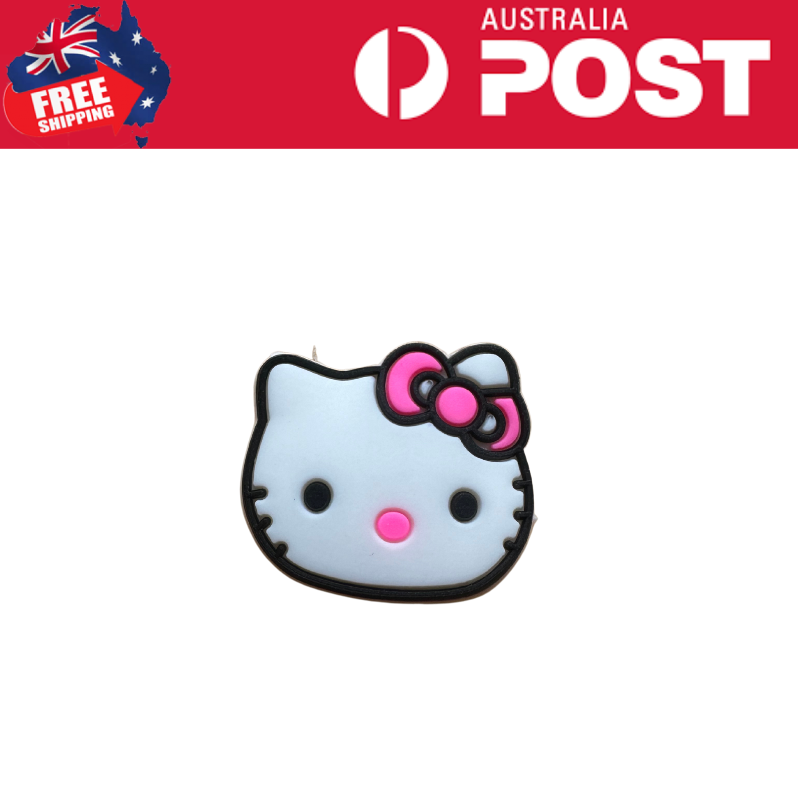 Small Hello Kitty enamel pin with pink bow, black outline, and cute face.