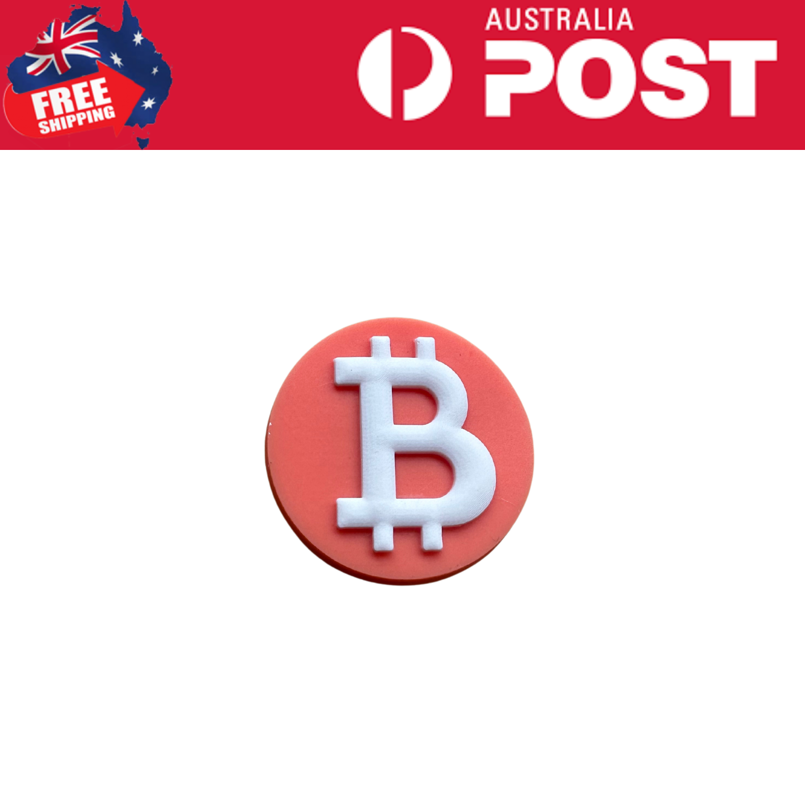 Bitcoin cryptocurrency token on pink coin with white Bitcoin symbol.