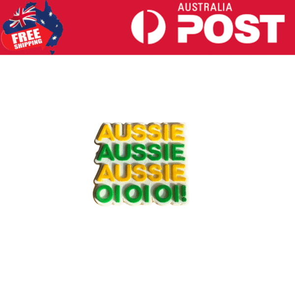 Colorful Aussie-themed enamel pin with "AUSSIE" text and binary code design.