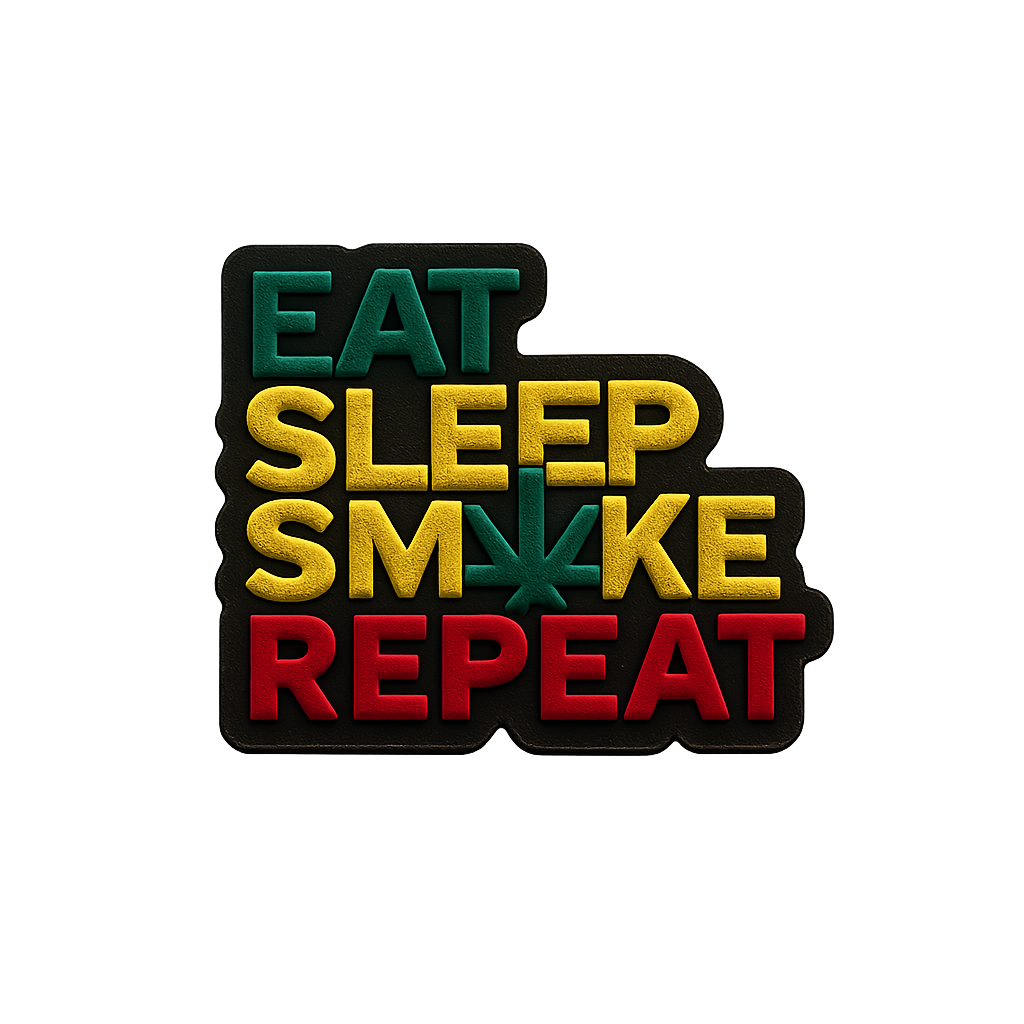 Colorful cannabis-themed patch with motivational slogan "Eat Sleep Smoke Repeat" for marijuana enthusiasts.