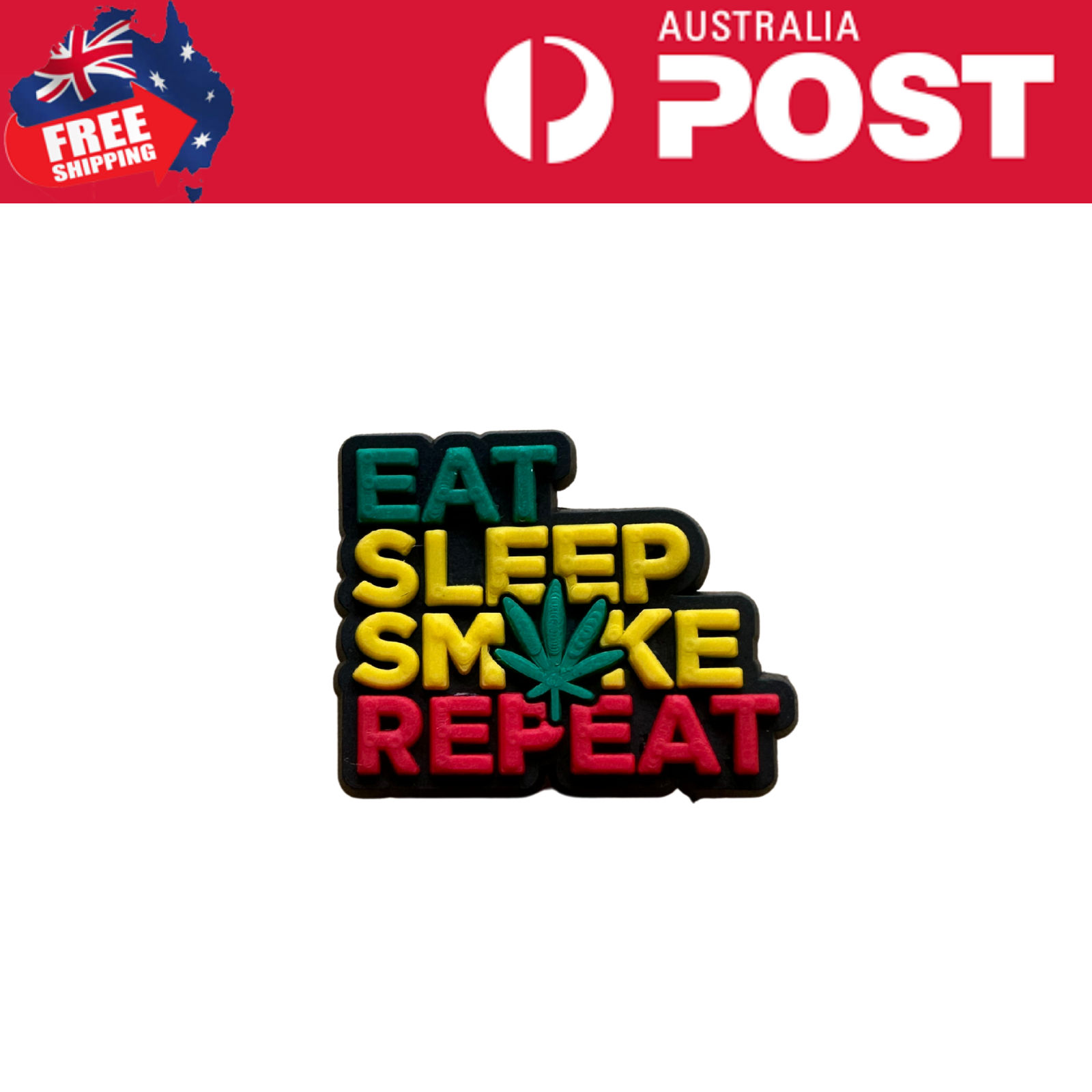 Colorful cannabis-themed patch with motivational slogan "Eat Sleep Smoke Repeat" for marijuana enthusiasts.