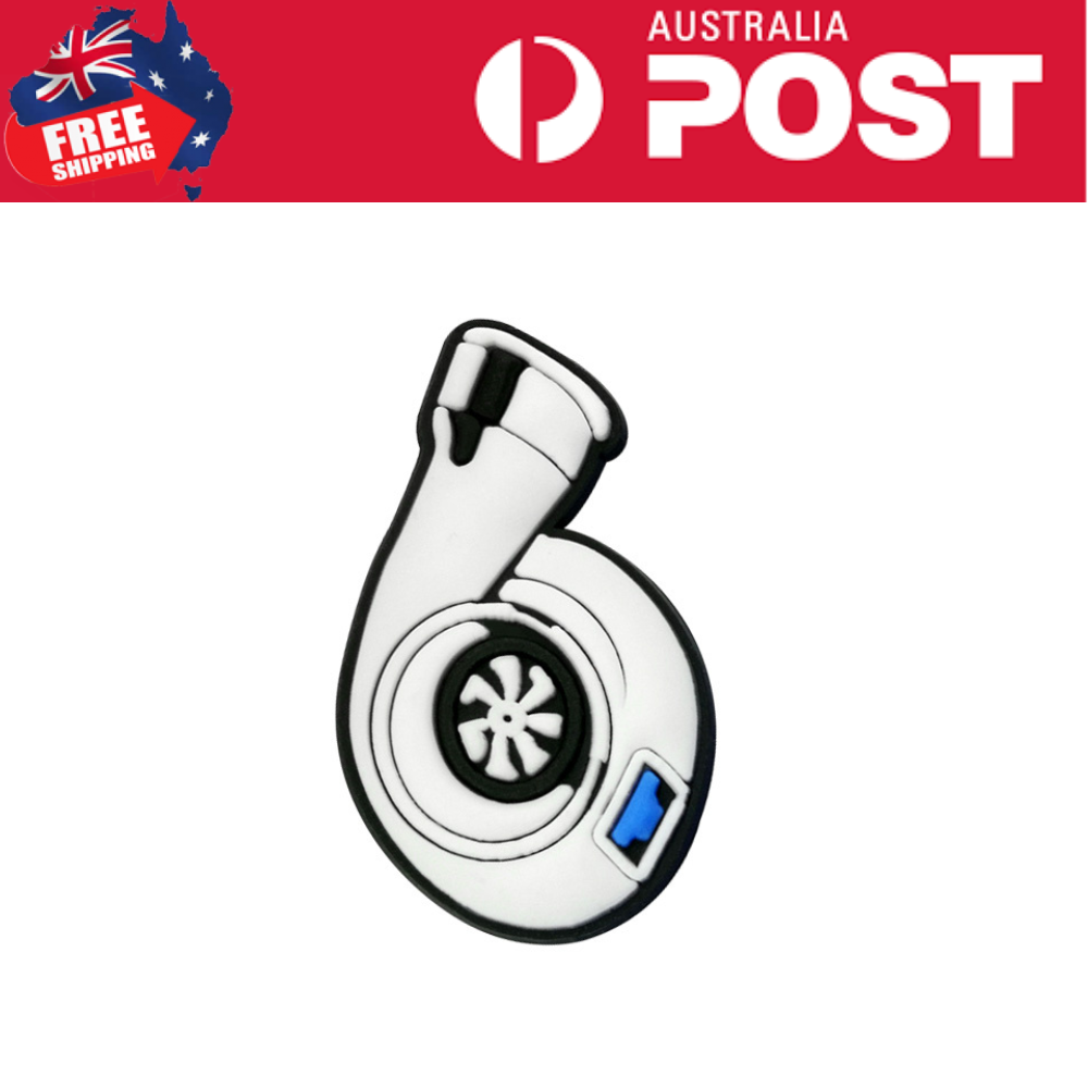 Black and white turbocharger USB flash drive with a compact design.