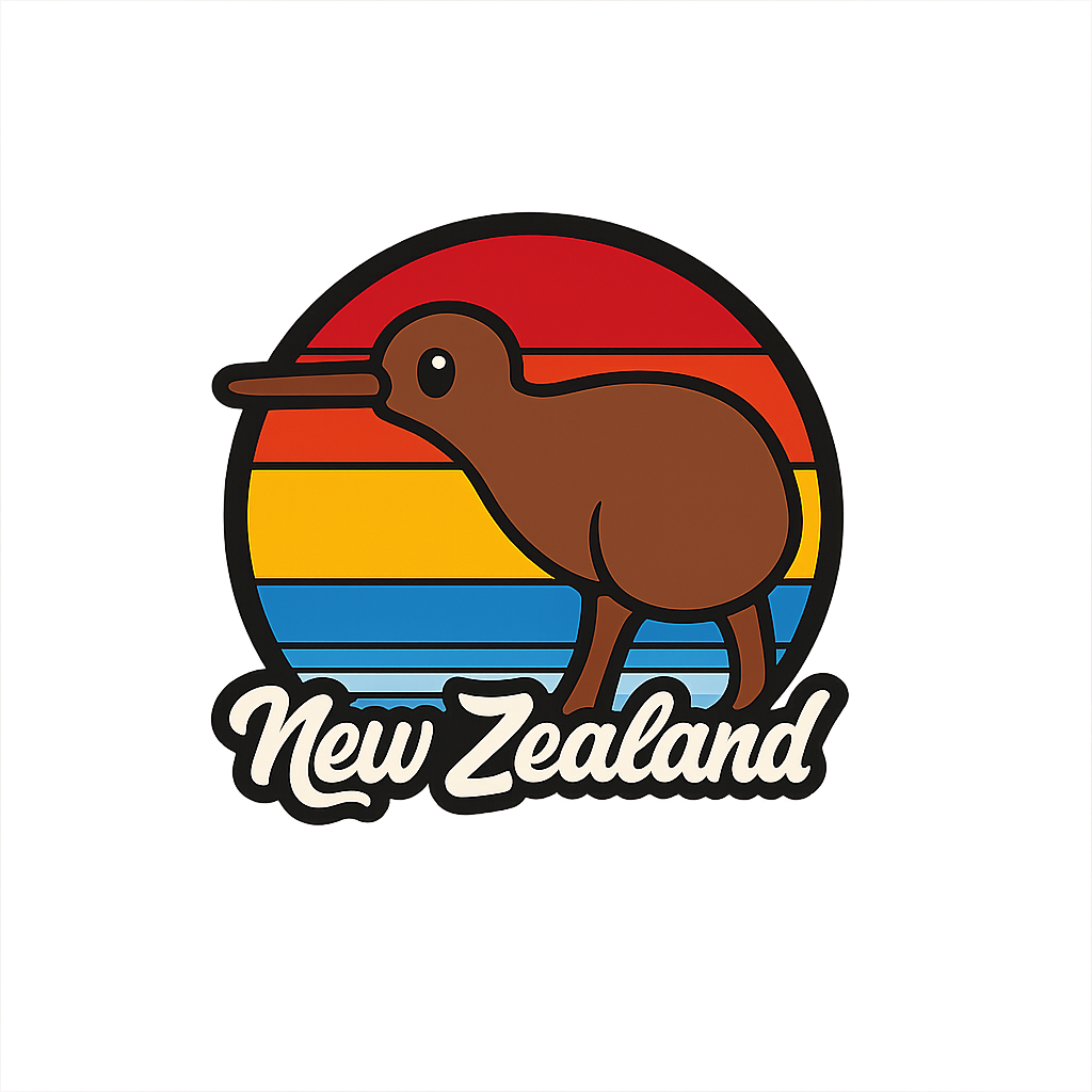 Colorful kiwi bird badge with New Zealand sunset background, representing Kiwi culture and travel souvenirs.