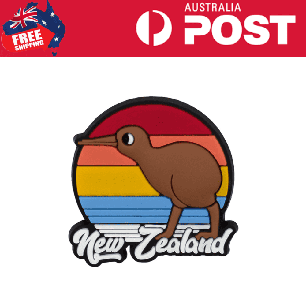 Colorful kiwi bird badge with New Zealand sunset background, representing Kiwi culture and travel souvenirs.