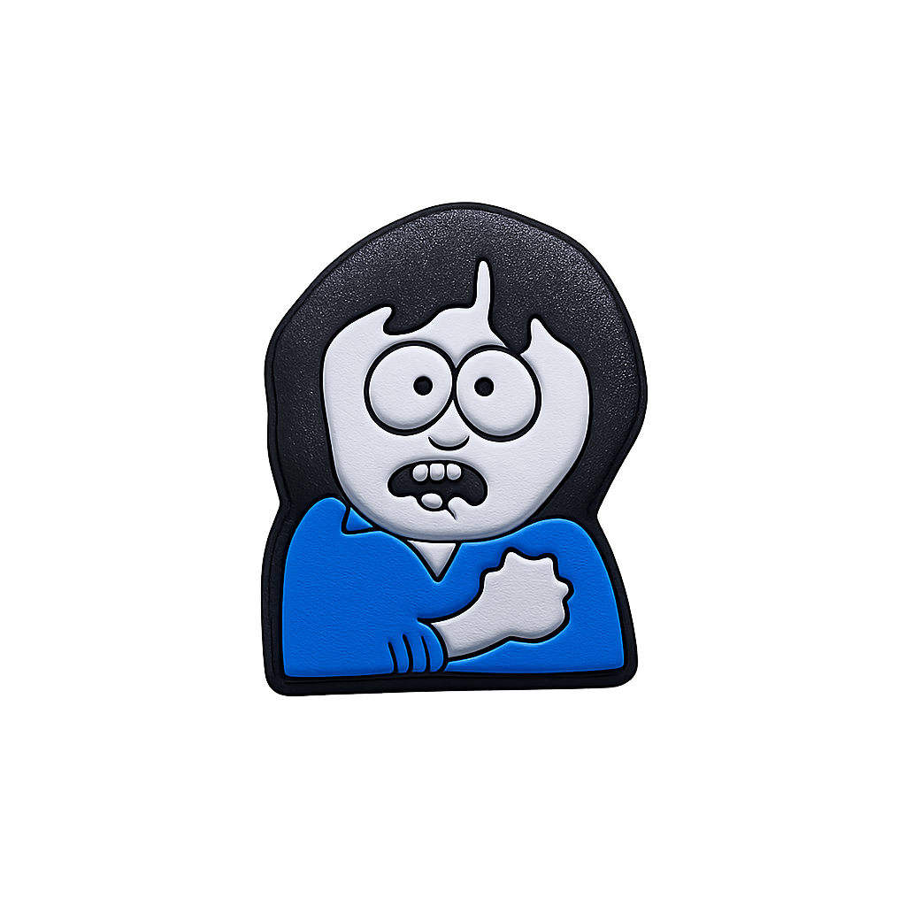 Sticker of a surprised cartoon girl with black hair and blue shirt, expressing confusion or shock.
