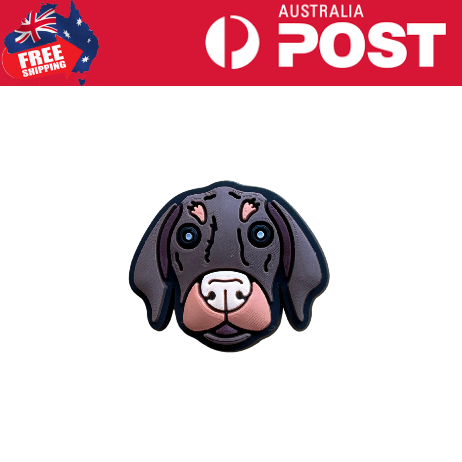 Colorful dog face rubber pin, perfect for accessories and clothing embellishments.