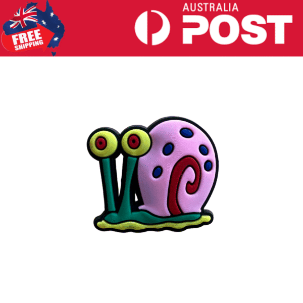 Colorful snail themed enamel pin with vibrant pink shell and green stalks, perfect for sticker and pin collectors.