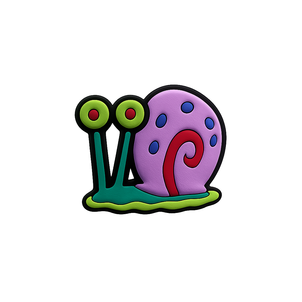 Colorful snail themed enamel pin with vibrant pink shell and green stalks, perfect for sticker and pin collectors.