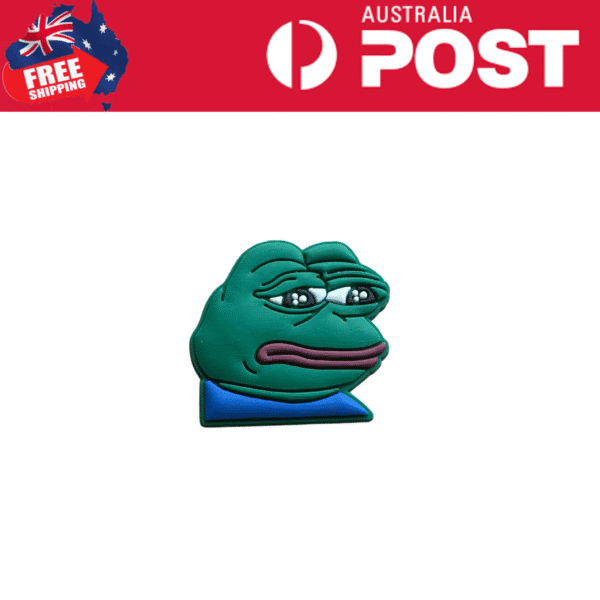 Sad Pepe the Frog enamel pin with a blue shirt, designed for collectors and fans of pop culture accessories.