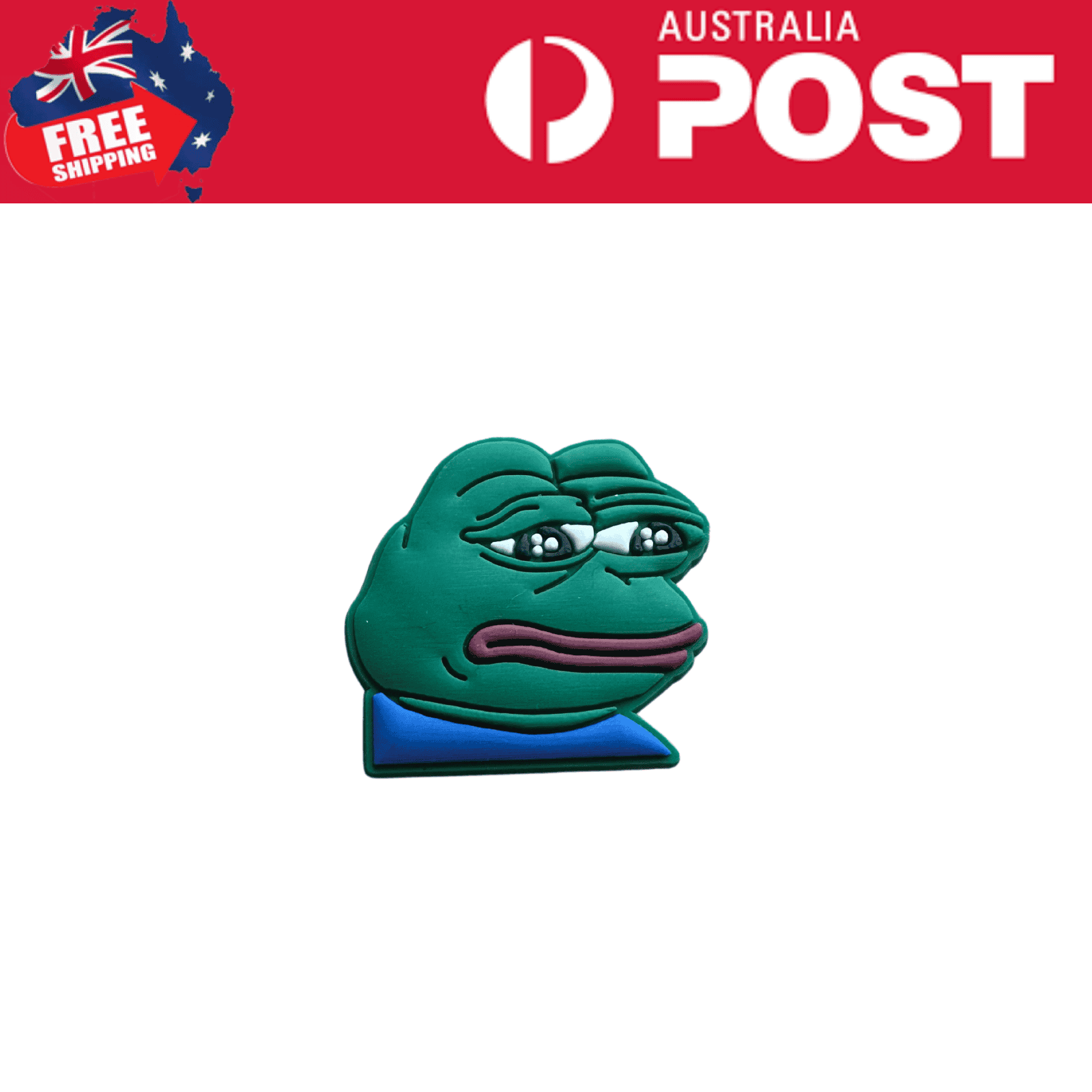 Sad Pepe the Frog enamel pin with a blue shirt, designed for collectors and fans of pop culture accessories.