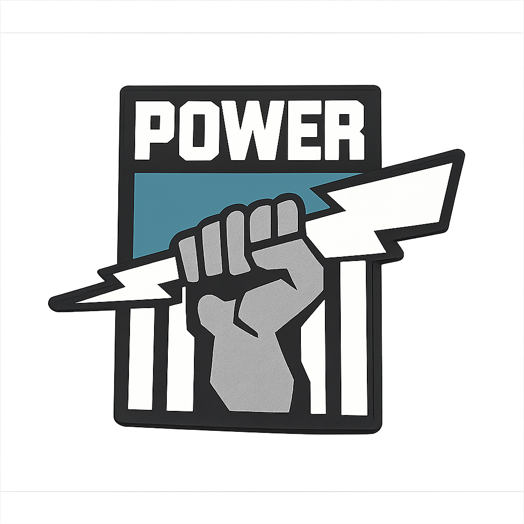 Power fist with lightning bolt patch, symbol of strength and electrical energy, ideal for custom designs.