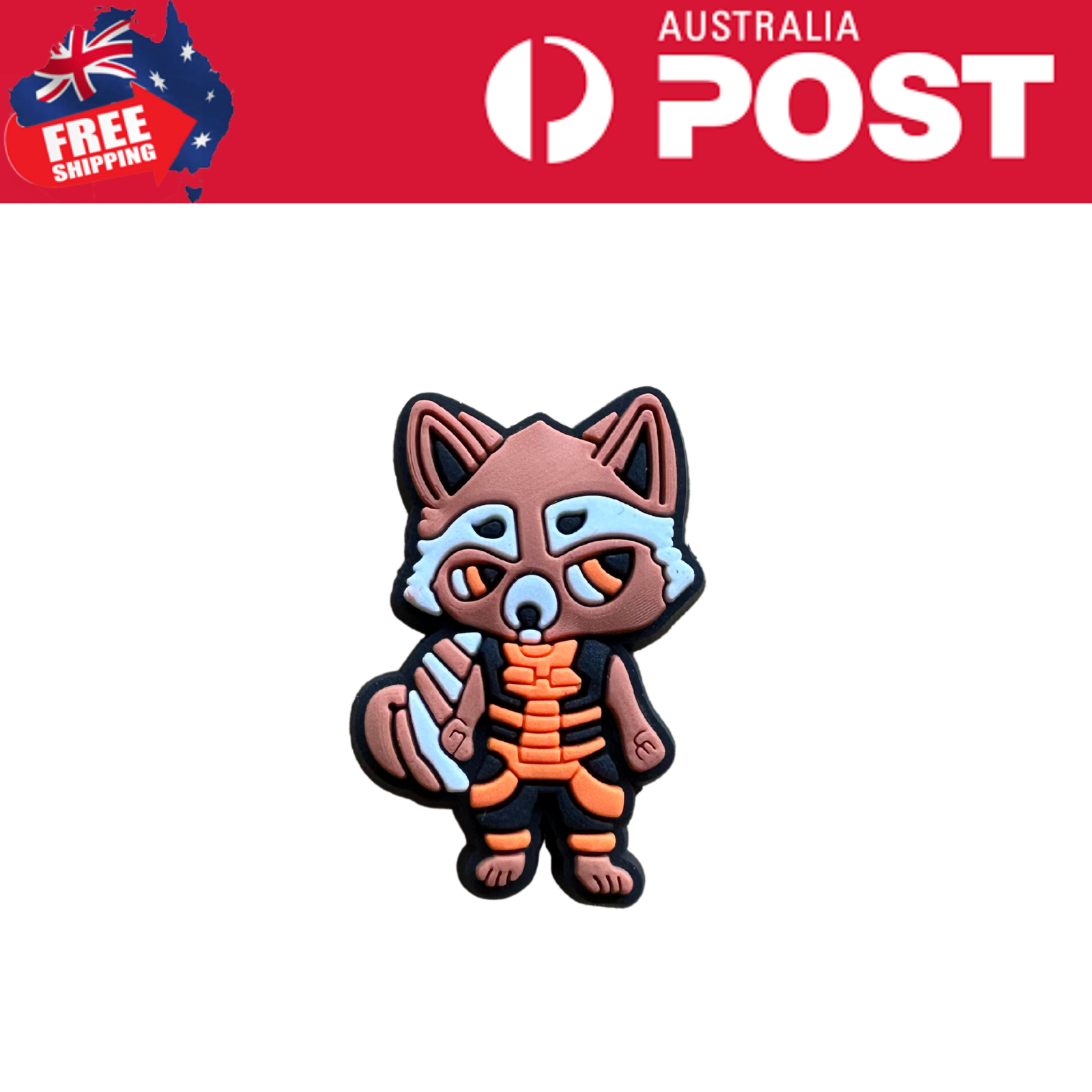 Cute fox-shaped Halloween costume badge with pumpkin accents and a skeleton design, ideal for spooky celebrations.