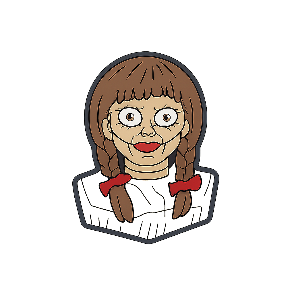 Bright horror-themed cartoon character pin of a terrified girl with brown hair and braids, perfect for horror and spooky accessory collections.