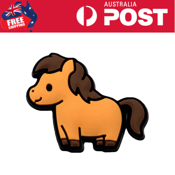 Cute cartoon horse shaped badge, perfect for accessories or decoration. Bright orange and brown colors with a friendly expression.