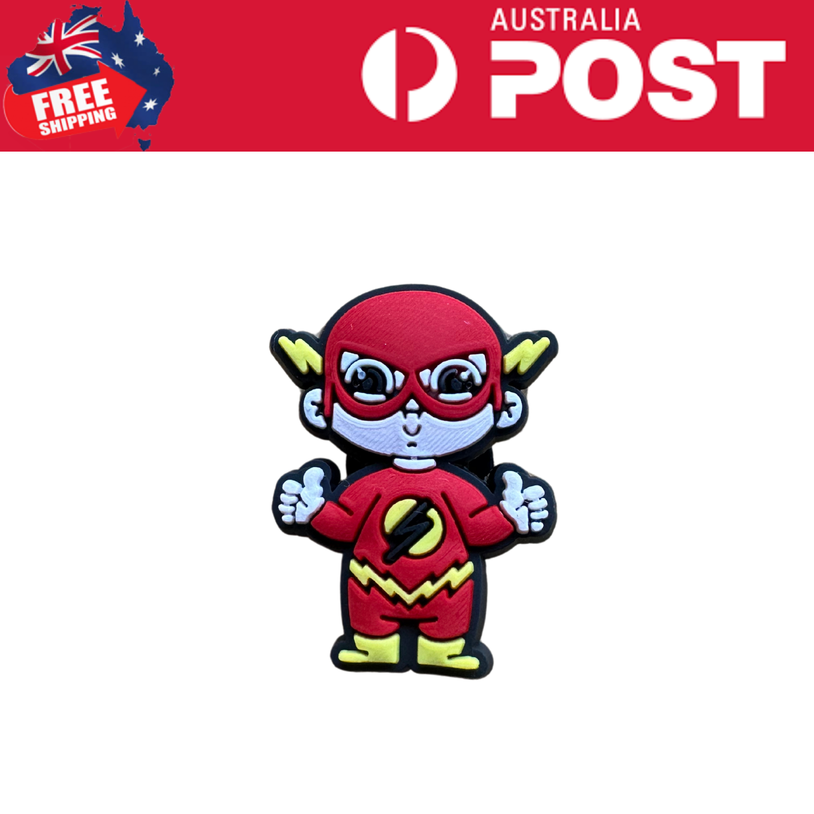 Bright red superhero pin featuring a comic-style character with lightning bolt emblem. Perfect for superhero costume accessories.