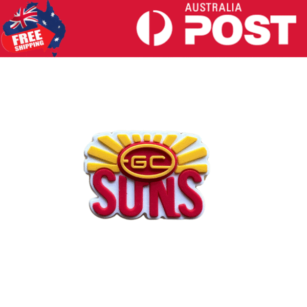 Colorful rubber badge featuring the Geelong Cats logo and the word "Suns" with yellow sun rays.